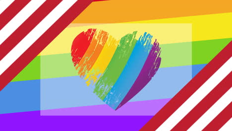 animación de la bandera estadounidense y el corazón del arco iris en el fondo del arco iris