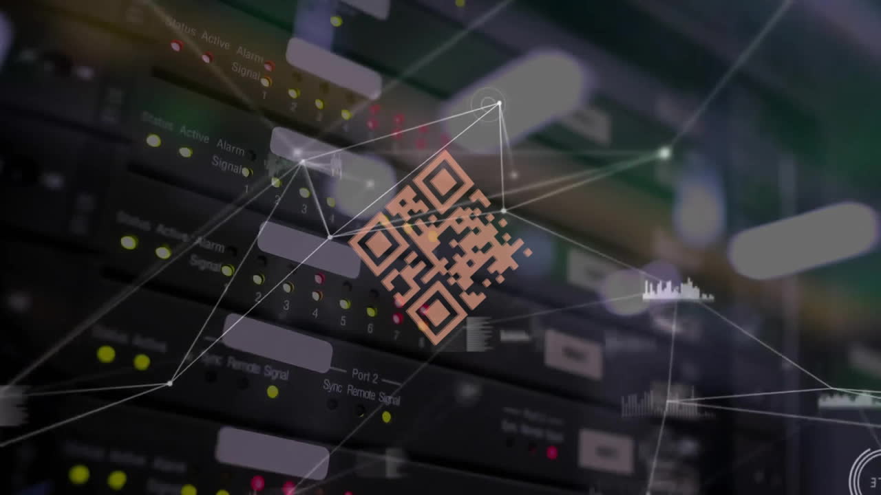animación de la red de conexiones con código qr en fondo oscuro