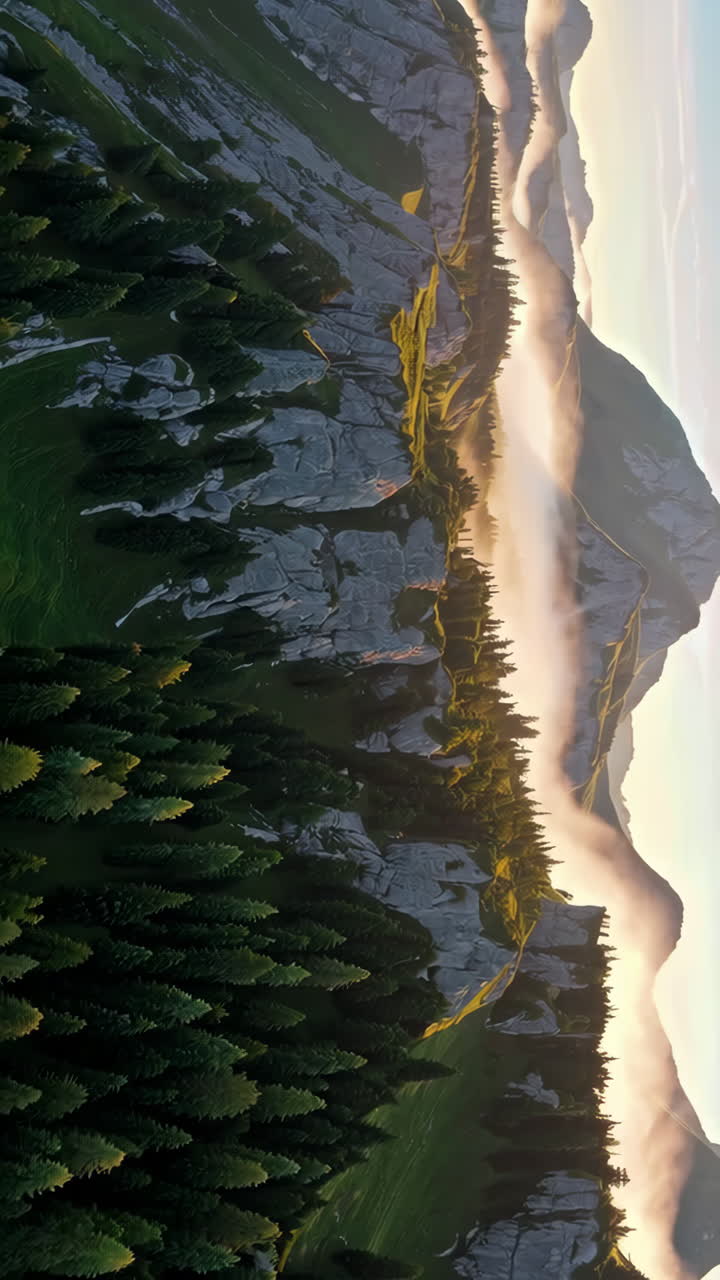 Paesaggio montano nebbioso all'alba/tramonto