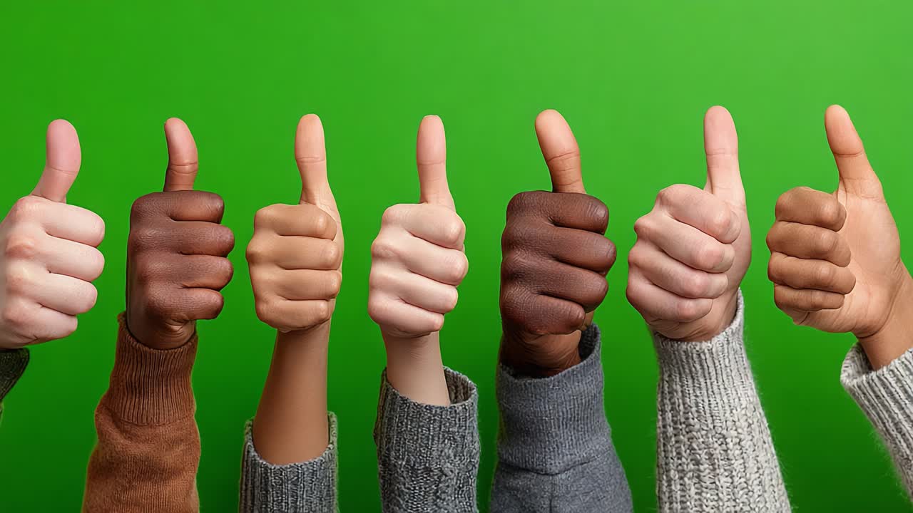 Un grupo diverso de manos levantando el pulgar sobre un fondo verde brillante, celebrando la inclusión, el positivismo y la unidad entre diferentes etnias
