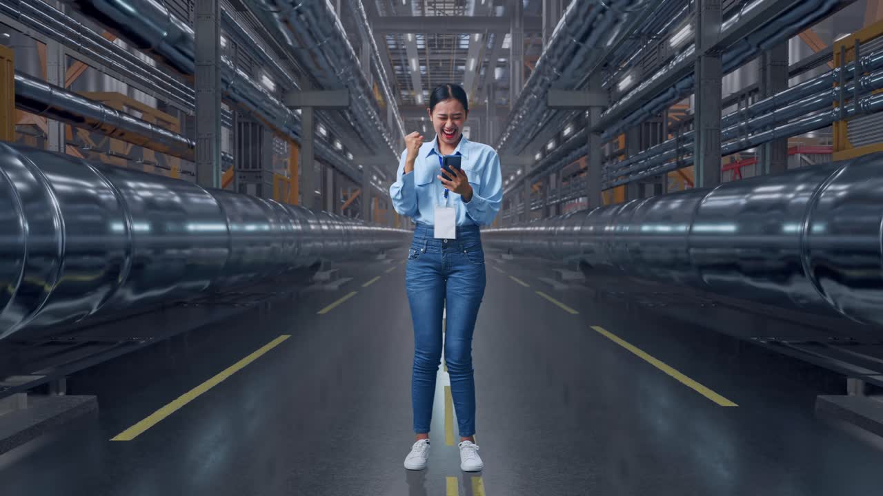 mujer celebrando el éxito en una fábrica moderna