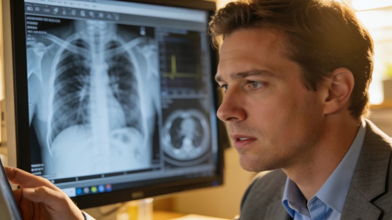 Medico con giacca grigia che esamina una radiografia del torace e una TAC alla scrivania, toccando lo schermo.