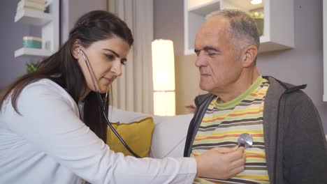 Female-doctor-listening-to-heart-of-patient-at-home-with-stethoscope.