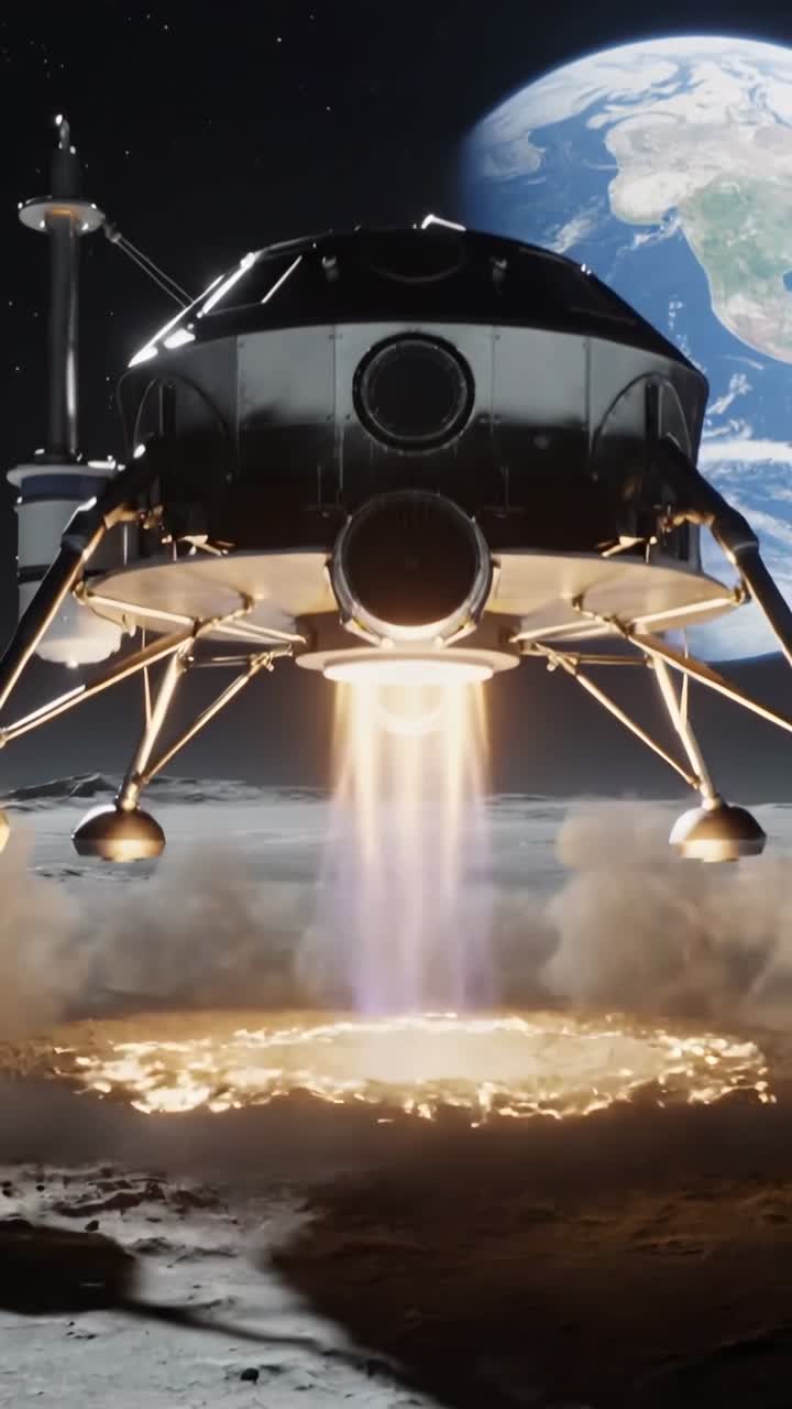 Vertical video: Firing plume, lunar lander lowering to Moon, aiming for landing, Earth visible