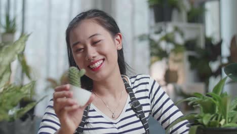 笑顔のアジア人女性がカクタス植物を手で見て頭を振っています