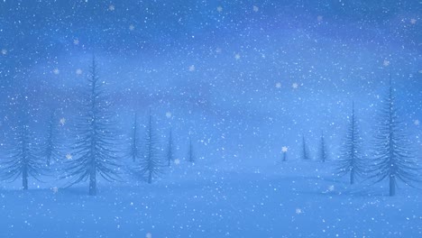 animation of snow falling over winter fir trees landscape background