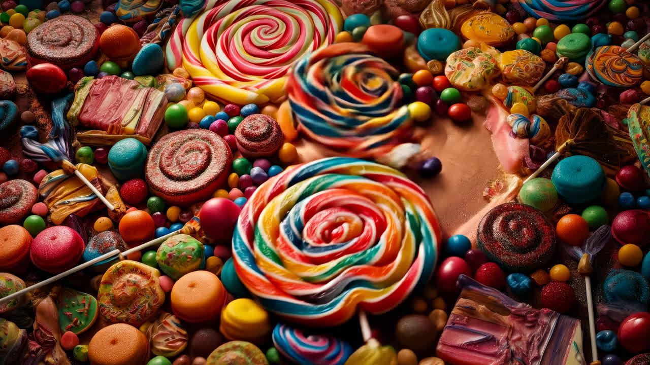 Vibrant lollipop candy display!. A vibrant assortment of candies, including large swirled lollipops, covers a tabletop filled with sweets