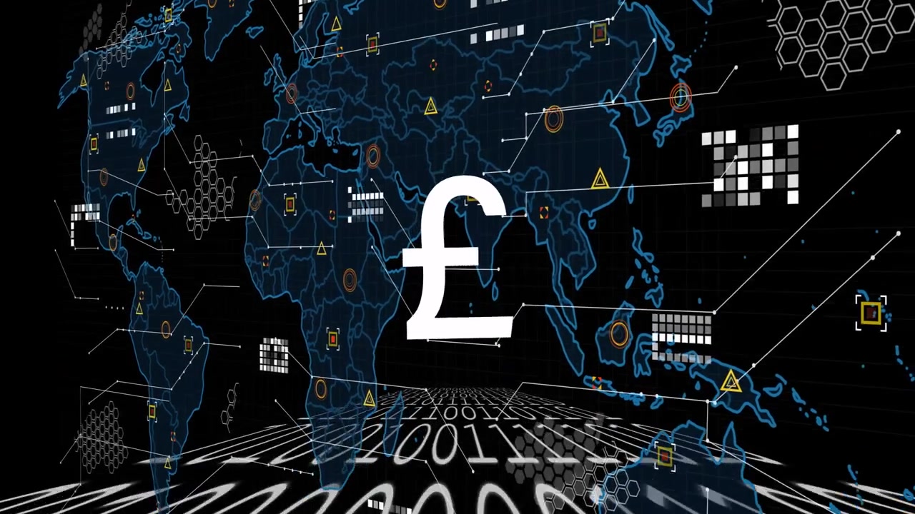 Binärt golv som stiger utlöser att pundsymbolen pulserar, datakluster bildas och visar ett globalt nät.