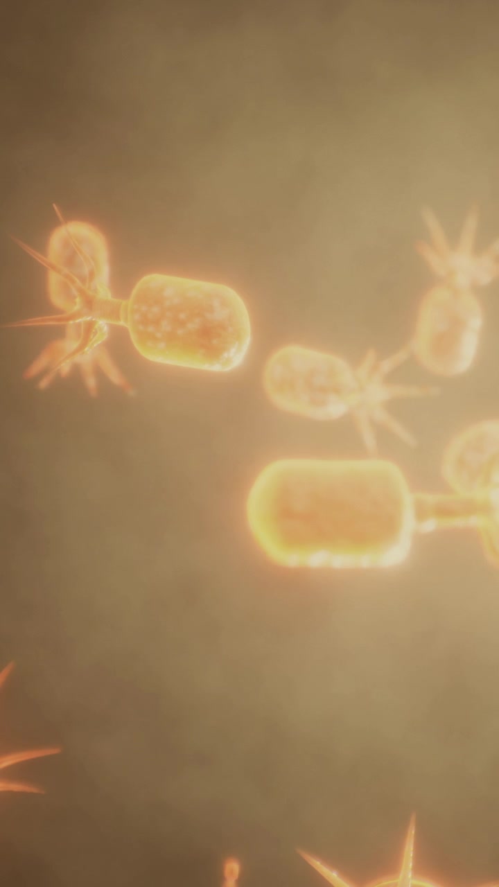Microbi arancioni brillanti nuotano in un fluido sotto un microscopio in un laboratorio.