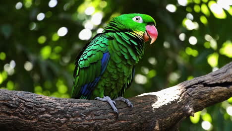 green parrot perched and preening on a tree branch