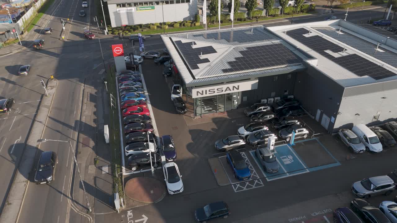 Aerial View of a Nissan Dealership with Solar Panels