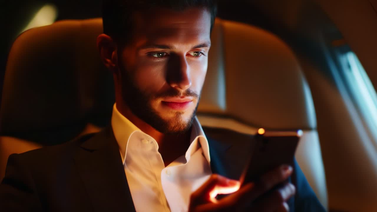 Un uomo concentrato, immerso nel suo smartphone mentre è seduto in uno spazio interno elegante e scarsamente illuminato, che mette in mostra il fascino della tecnologia moderna e della connettività personale in un ambiente sofisticato