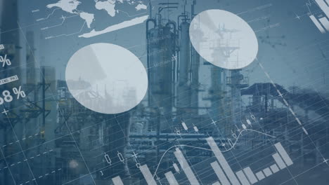 animation of changing financial data and graphs over factory