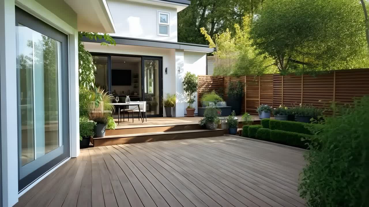 A modern backyard with wooden decking, lush plants, and a cozy seating area