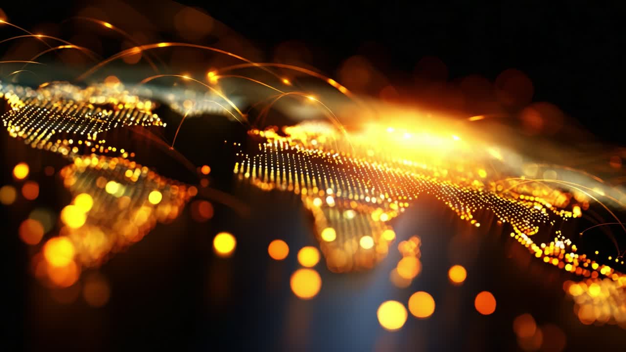 Exploring the Golden Connectivity of the Digital World: A Mesmerizing Visualization of a Networked Globe Illuminated by Dazzling Lights and Vibrant Energy Representing Global Interconnectivity