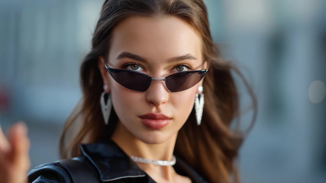 A confident young woman showcases her fashion sense with stylish sunglasses and elegant jewelry, exuding charm and charisma in a dynamic outdoor setting.