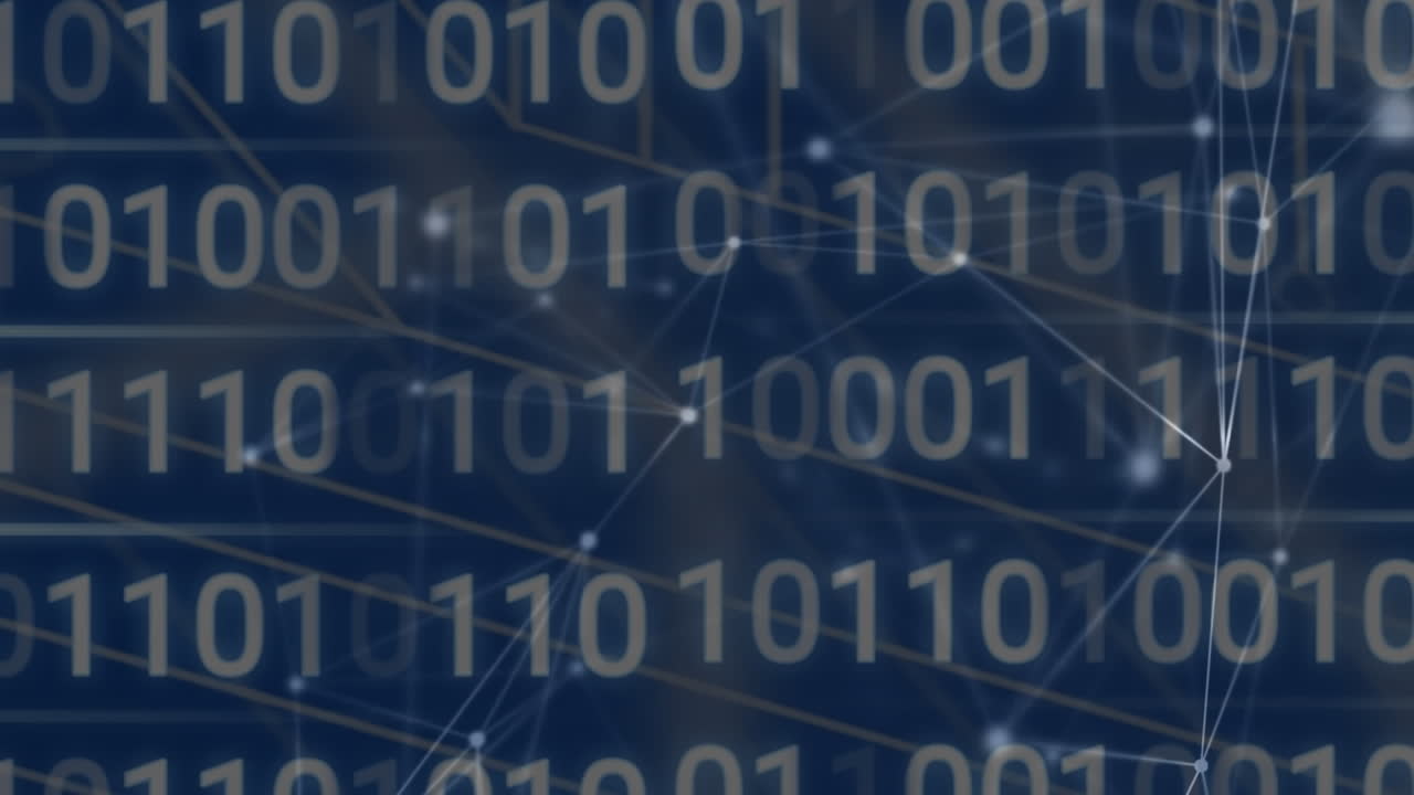 Animation of networks of connections and data processing over black background