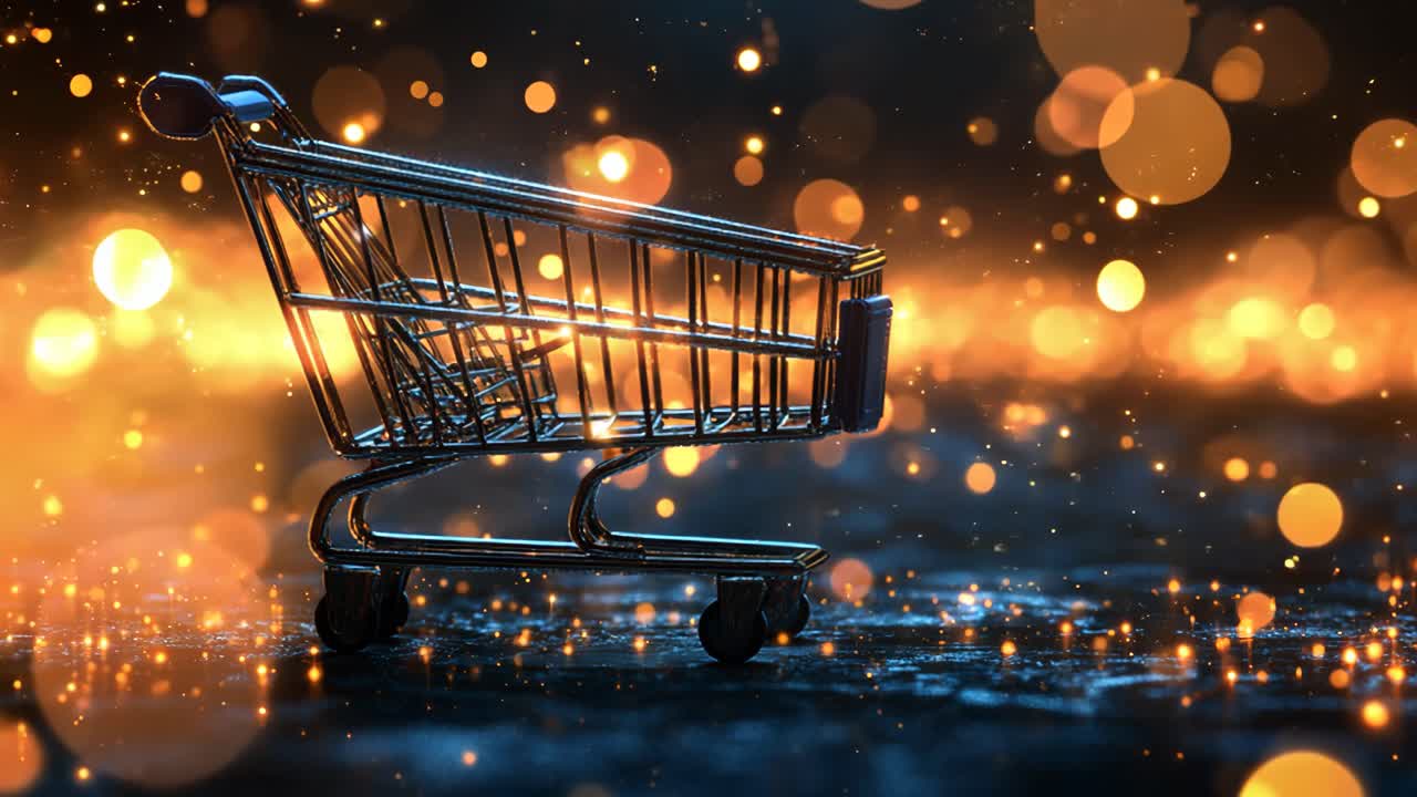 A shopping cart is sitting on a wet surface with a bright orange glow in the background. The cart is surrounded by a lot of light, which creates a warm and inviting atmosphere