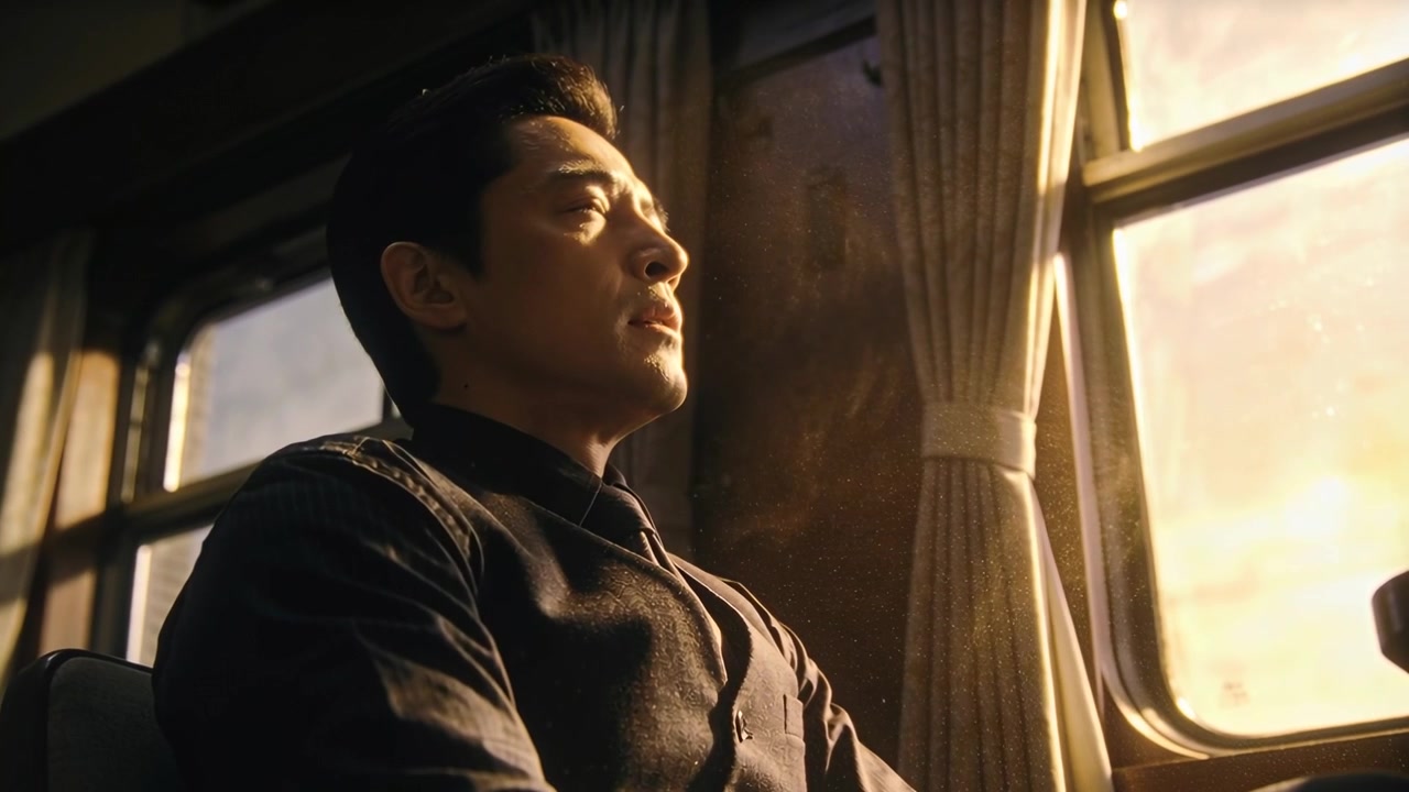 Closing eyes, man in dark coat resting in window seat as sunlight streaming, exhaling, opening eyes