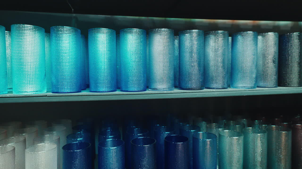 Assorted Cylindrical Glassware on Display Shelves