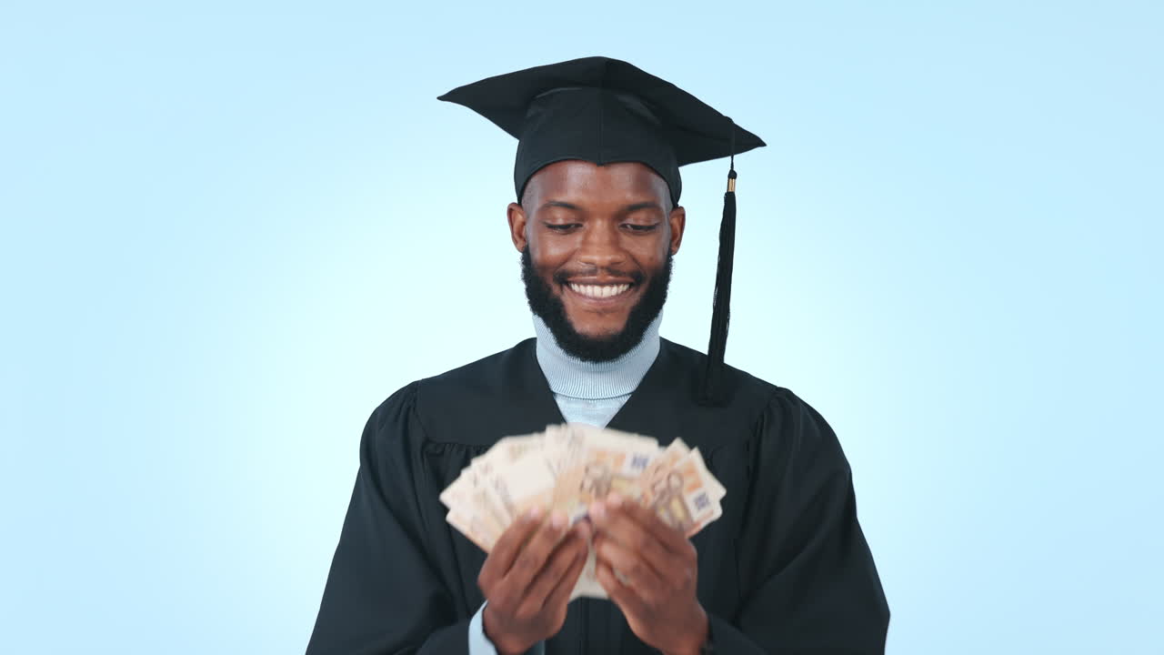 Smile, money and education with a black man