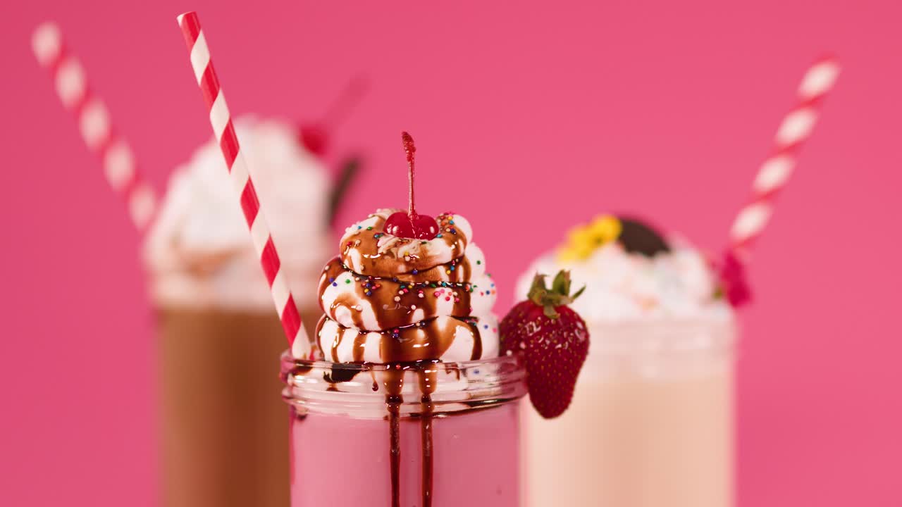 Hand inserts striped straw into strawberry milkshake topped with whipped cream, chocolate drizzle, sprinkles