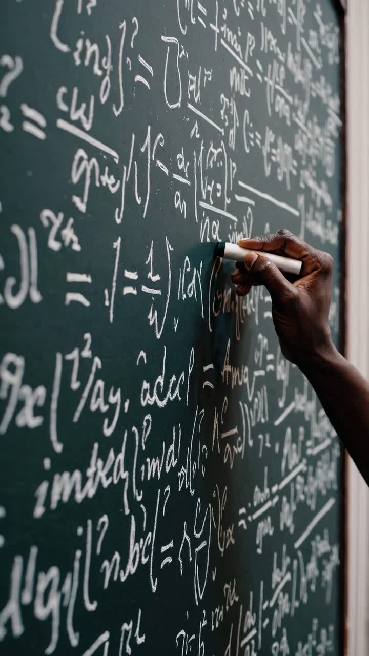 Close-up angle of a hand writing complex equations on a chalkboard, capturing an educational