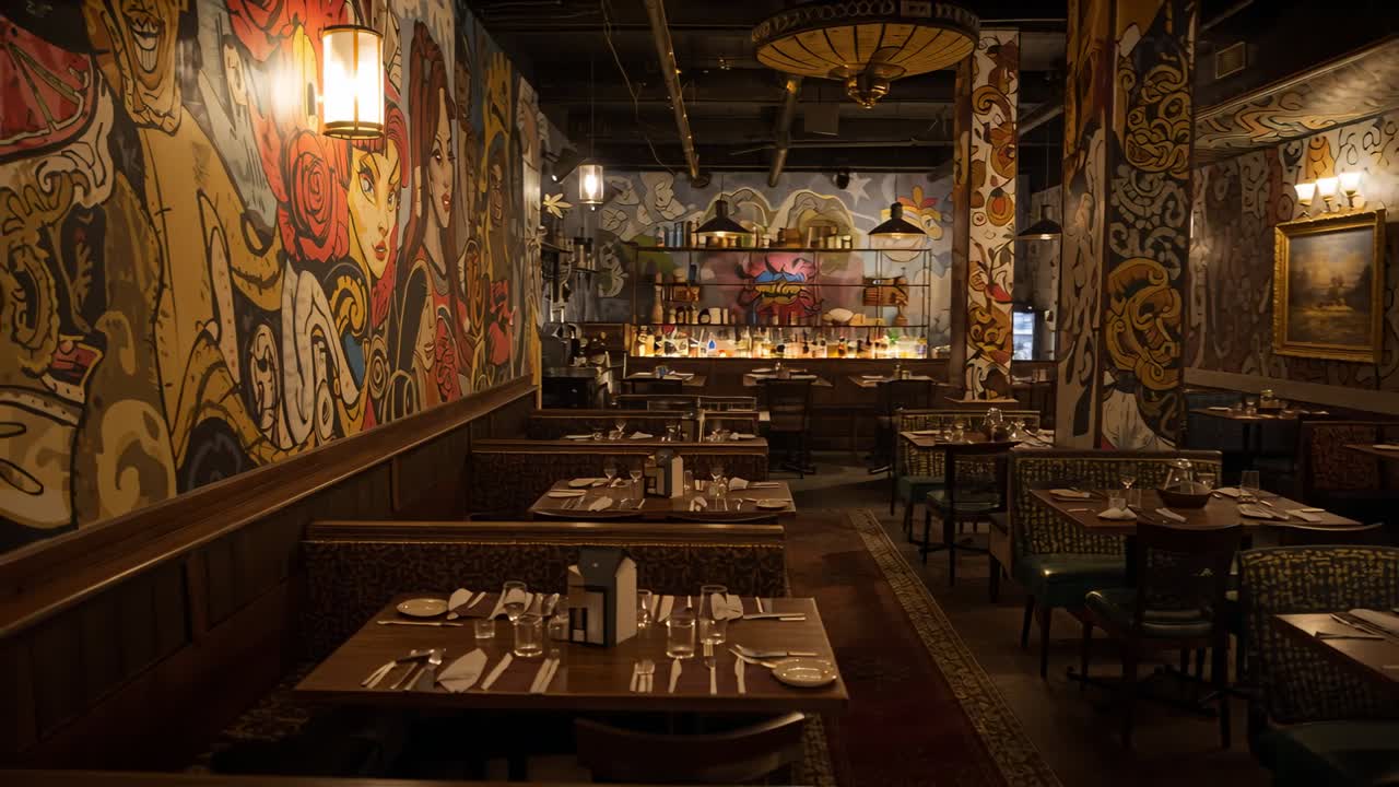 Panning camera starting left of booths moving down aisle revealing mural table settings backlit bar