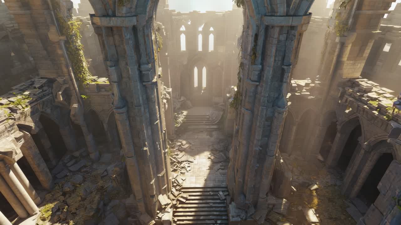 Soft light gradually revealing weathered stone walls of abandoned gothic cathedral, highlighting architectural decay and creating haunting atmosphere of historical memory and silent contemplation