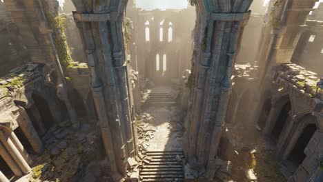 soft light gradually revealing weathered stone walls of abandoned gothic cathedral, highlighting architectural decay and creating haunting atmosphere of historical memory and silent contemplation