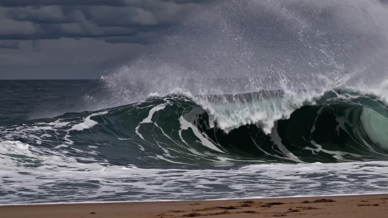 Massive ocean surge generating powerful, perfectly hollow wave with dramatic backdrop of moody sky, capturing raw energy of coastal seascape
