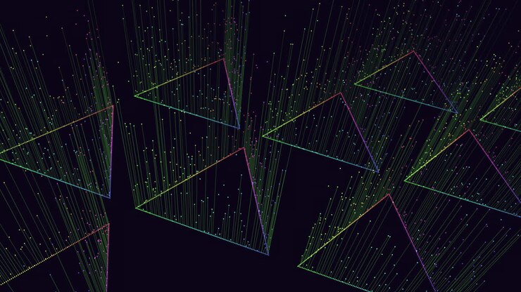 Farverigt geometrisk mønster af overlappende trekanter i 3D-gengivelse