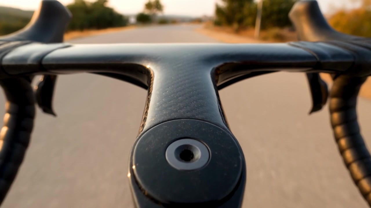 Ciclista che pedala, spingendo l'attacco manubrio in carbonio e il manubrio da corsa in avanti lungo una strada rurale, riempiendo l'inquadratura