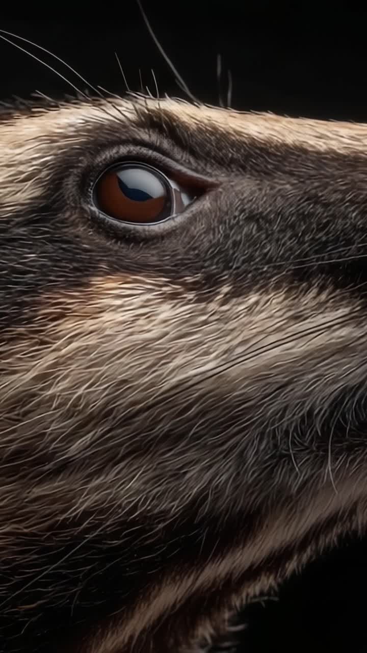 Una splendida ripresa ravvicinata dell'occhio di un animale selvatico, che evidenzia i dettagli intricati della sua pelliccia e la profondità della sua espressione su uno sfondo scuro.