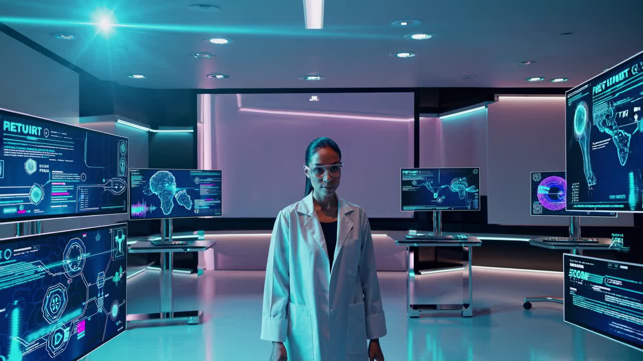Female Scientist Interacting with a Holographic Display