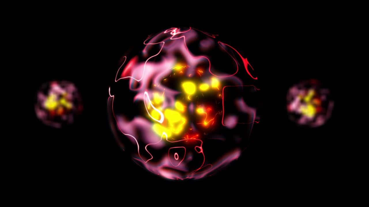 Animation of Three shiny spheres. There is constantly changing current on the surface. The background is black.