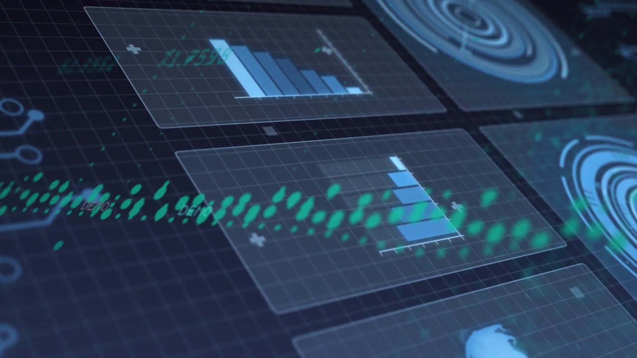 Animation of digital graphs and data visualization on futuristic blue interface