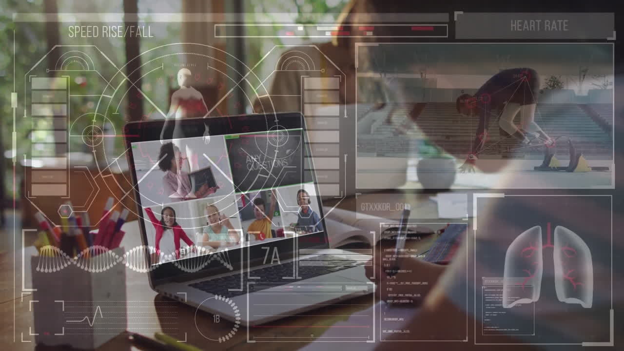 People in virtual meeting on laptop with digital data overlay animation