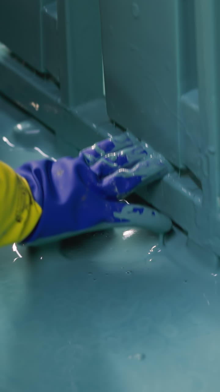 primer plano de una mano con guantes arreglando productos de polímero blanco en una superficie turquesa, detallando la precisión en la fabricación