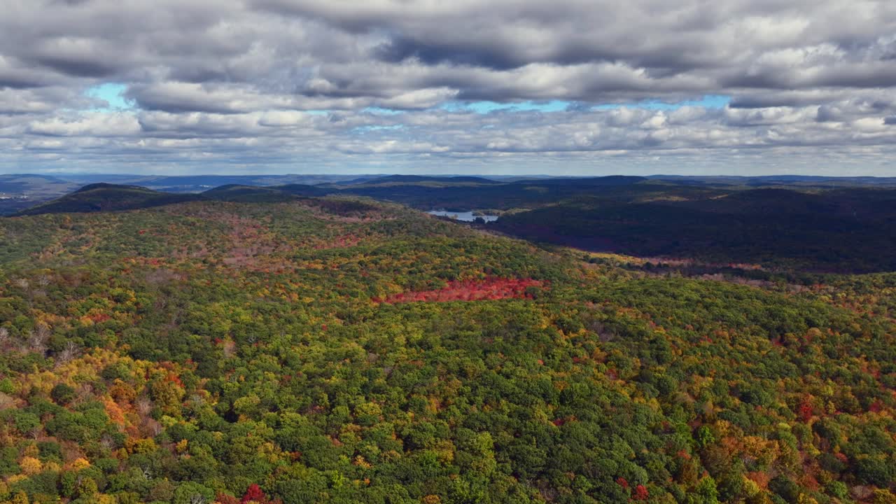 una vista aérea de las coloridas copas de los árboles en el condado de putnam, nueva york, cuando comienzan a cambiar para el otoño.
