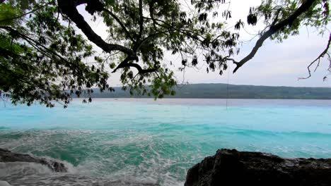 Bäume,-Blaues-Wasser,-Riesige-Wellen-Spritzen-In-Felsen