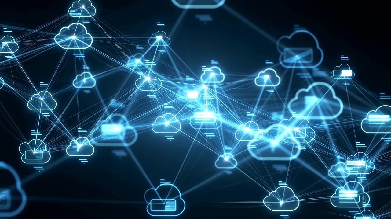 Blue glowing cloud icons and linking lines spread across a dark digital background, suggesting remote storage, data exchange, and connected technology systems