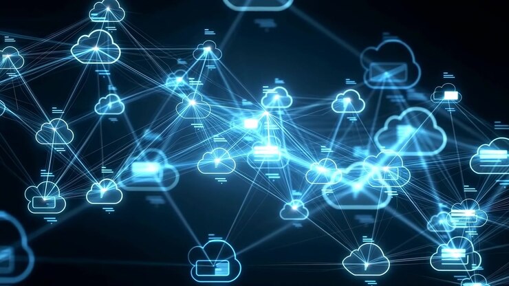 Blue glowing cloud icons and linking lines spread across a dark digital background, suggesting remote storage, data exchange, and connected technology systems