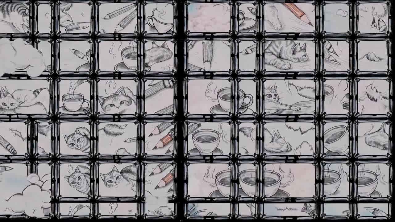 Hand drawn monochrome illustrations featuring feline, mug, and drawing tools intertwining in seamless pattern design, perfect for graphic backgrounds and creative applications