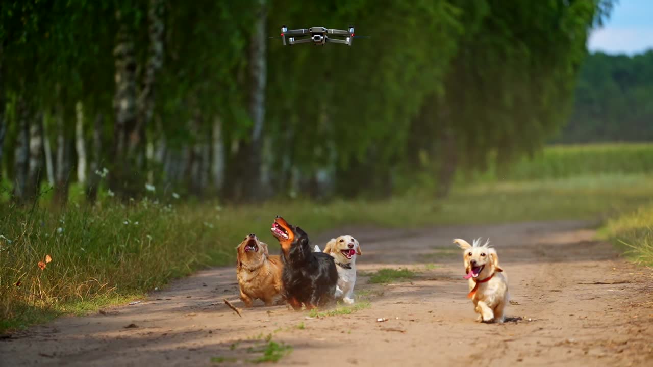 Dog jumping to drone. Playful puppies trying to catch drone