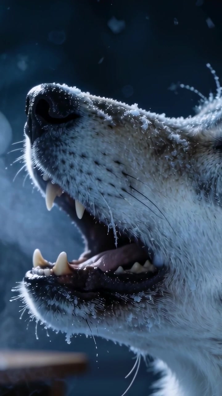 Vertical video: Breathing canine muzzle exhaling cold air gaping, whiskers frosting to moon at rail