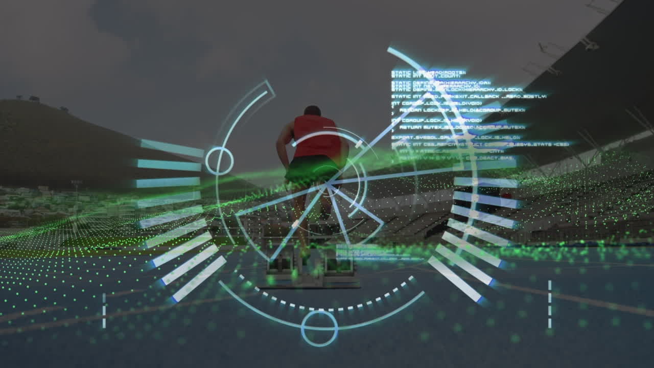 스포츠 경기장에서 달리는 남자 운동선수 위에 둥근 스캐너와 녹색 디지털 파동의 애니메이션