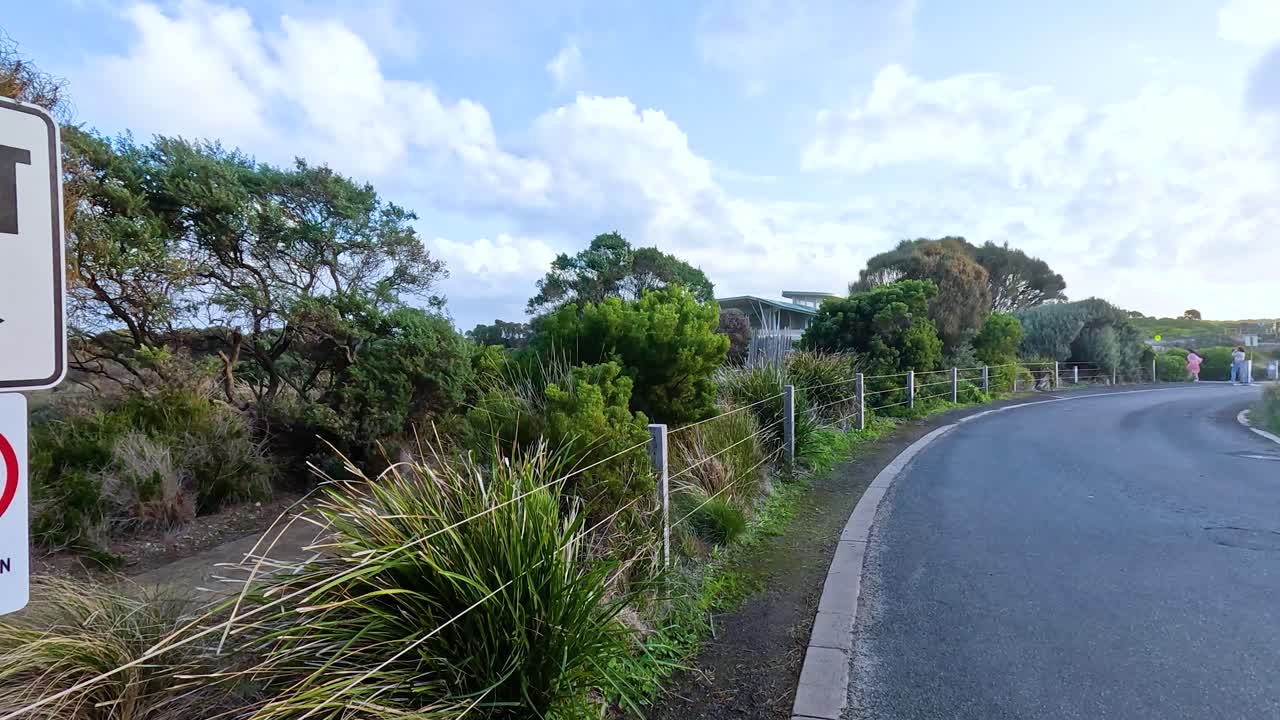Coastal Road with Exit Sign and Scenic Vegetation
