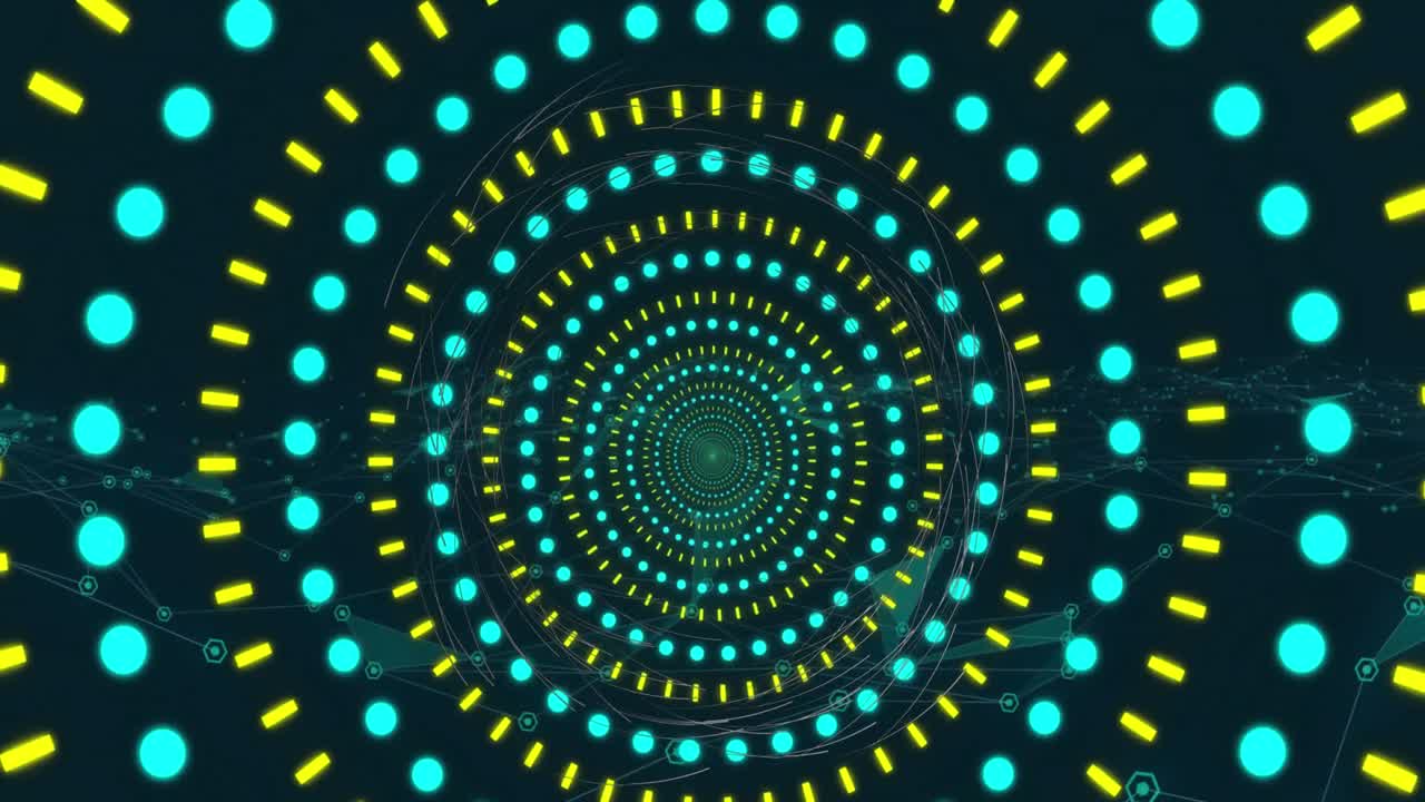 animazione di forme circolari al neon in un modello senza cuciture contro una rete di icone digitali.