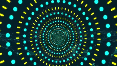 Animation-of-neon-circular-shapes-in-seamless-pattern-against-network-of-digital-icons